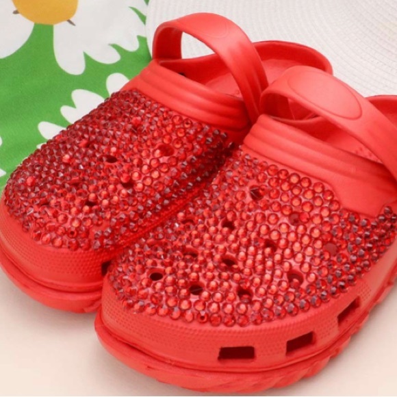 Red Bling Rhinestone Crystal Slip On Croclike Slides Rubber Clogs Shoes - Picture 2 of 4